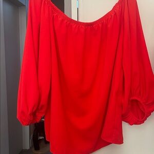 Red Off Shoulder Tunic with Balloon Sleeves - elastic neckline & end of sleeves